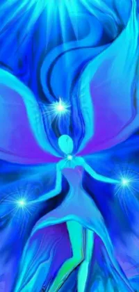 This stunning phone live wallpaper features a digital art painting of a woman with beautiful blue wings, adorned with healing glowing lights