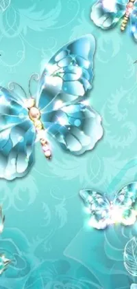 This stunning phone live wallpaper features a beautiful collection of blue flowers and butterflies set on a vibrant blue background