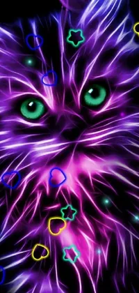 This phone live wallpaper features a close up of a cat's face with bursting neon stars against a black background