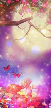 This phone live wallpaper features a mesmerizing painting of flowers and butterflies in a candy forest at night