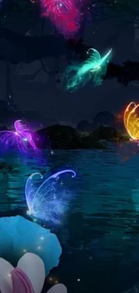 This phone live wallpaper showcases a surrealistic scene of flying butterflies over a serene body of water surrounded by a bioluminescent cyber-garden