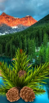 This stunning phone live wallpaper features a picturesque mountain lake surrounded by a lush evergreen forest and towering mountain peaks in the background