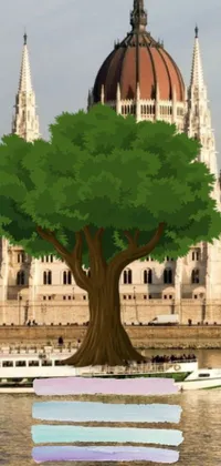 This phone wallpaper features a stunning digital illustration of a tree with a wide trunk, set against a grand building and a beautiful river in the background