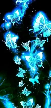 Looking for a stunning live wallpaper to decorate your phone's screen? Look no further than this mesmerizing digital art piece featuring blue butterflies fluttering through the air amidst intricate glowing lights and neon elements