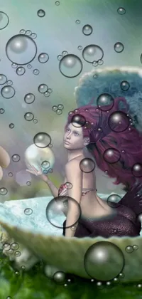 This live wallpaper for your phone features a stunningly crafted figurine of a mermaid placed inside a beautiful shell