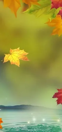 Get a beautiful live wallpaper for your phone featuring stunning digital art of leaves flying over a peaceful body of water