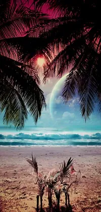 This phone live wallpaper features a serene beach scene with swaying palm trees amidst a fantasy-inspired setting