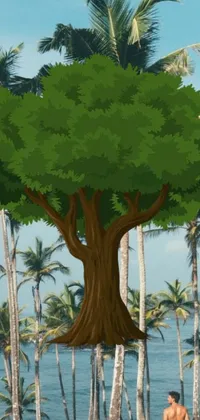 Looking for a stunning phone live wallpaper? This anime-style wallpaper features a man standing by a tall tree on a beautiful beach