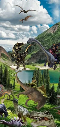This phone live wallpaper features a colorful and lively scene of dinosaurs playing and roaming around in a grassy field set in Colorado