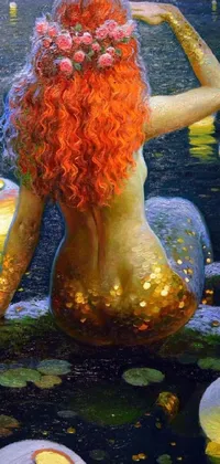 Bring a magical touch to your phone screen with this stunning live wallpaper featuring a pointillism painting of a vibrant red haired mermaid sitting on the water's edge