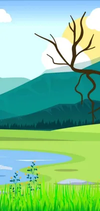 The Green Field Phone Live Wallpaper is a mesmerizing graphic artwork with vector art depicting picturesque mountains, clear water lake and lush green field