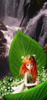 This stunning phone live wallpaper features an enchanting scene of a female figure sitting on a large leaf beside a mesmerizing waterfall