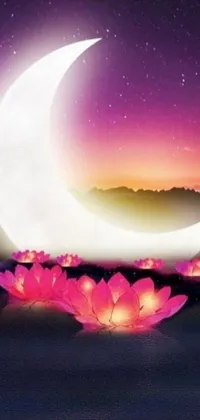 This phone live wallpaper showcases a night-themed digital art featuring a crescent moon and lotus flowers