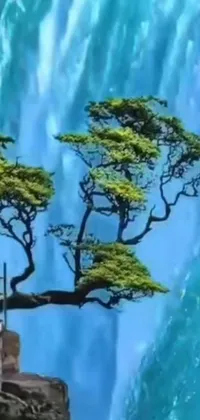 This phone live wallpaper features two trees on a cliff, a waterfall, and flora in intricate detail