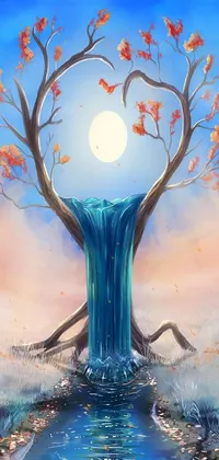 This phone Live Wallpaper features a breathtaking painting of a tree surrounded by a peaceful waterfall