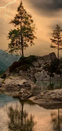 Enjoy a breathtaking alpine scenery right on your phone wallpaper! This live wallpaper features a peaceful body of water, a stoic tree on a picturesque rock formation, and a forest setting that invokes a serene feeling