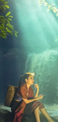 This mobile live wallpaper features a vibrant painting of a woman deep in thought, her hair fluttering in a waterfall&#39;s breeze