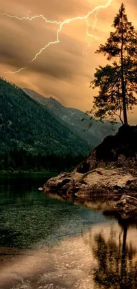 This stunning phone live wallpaper features a realistic scenery of a majestic tree on top of a rock near a peaceful waterbody, surrounded by lush greenery and mountains