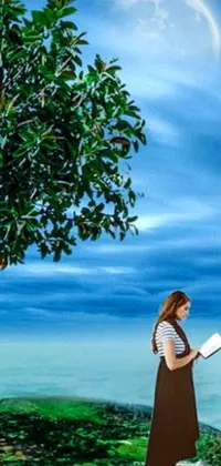 This mobile wallpaper features a stunning scene of a woman reading a book under a tree, set against a photorealistic background inspired by the ocean
