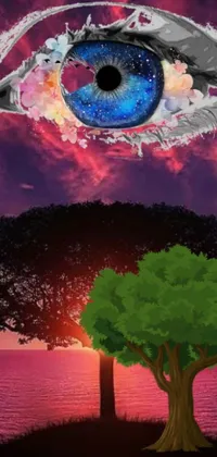 This phone wallpaper showcases an eye with a tree in the foreground against a trippy background in 8k resolution