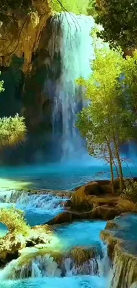 This live wallpaper depicts a mesmerizing waterfall in a lush forest surrounded by greenery