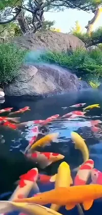 This stunning live wallpaper features a group of exotic koi fish swimming in a tranquil pond