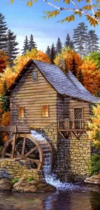 This phone live wallpaper showcases a beautiful photorealistic painting of a water mill in a peaceful forest setting
