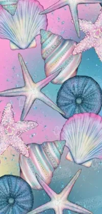 This phone live wallpaper features a colorful, digital, Tumblr-inspired design of shells and starfishes on a pastel background