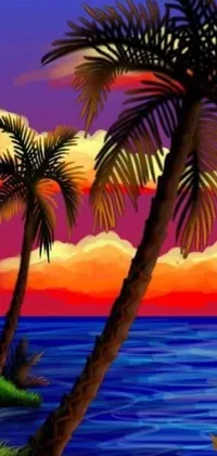 This phone live wallpaper depicts a stunning sunset scenery with palm trees, ocean view, and flying birds silhouettes