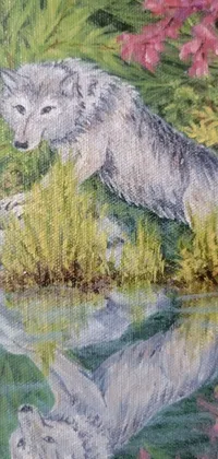 This stunning live wallpaper features an intricately detailed painting of a wolf mid-jump above a body of water