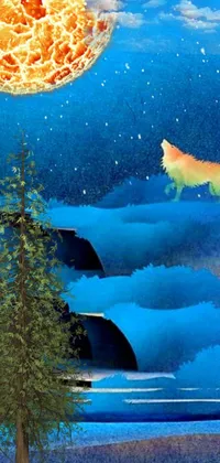 Bring mystique and charm to your phone with this live wallpaper that depicts a mesmerizing painting of a wolf and a full moon