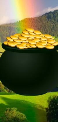 The Pot of Gold phone live wallpaper features a lush green hillside with a pot brimming with golden coins set against it