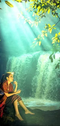 This live wallpaper for mobile phones showcases a serene image of a woman sitting on a rock in front of a waterfall