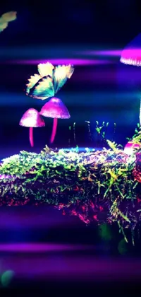 Impress your friends with a stunning phone live wallpaper featuring group of purple mushrooms resting on a moss-covered tree, inspired by digital art