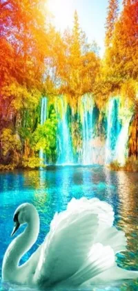 Adorn your smartphone with the stunning live wallpaper of a swan in neon water, beneath a charming waterfall in a colorful forest
