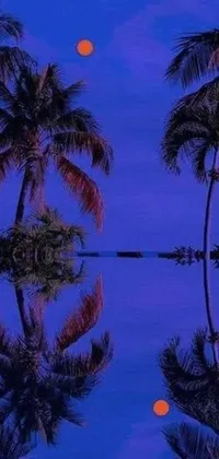 This phone live wallpaper showcases palm trees and a body of water in an optical illusion of blue and purple lighting effects