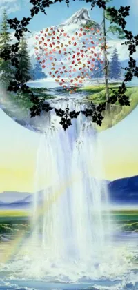This stunning live phone wallpaper features an original artwork of a majestic waterfall in the midst of a verdant field