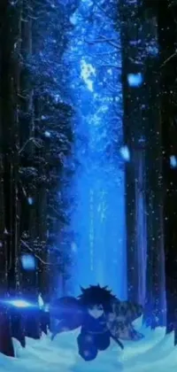 This live wallpaper features a stunning fantasy art scene of a person riding a horse through a snow-covered forest, illuminated by glowing blue lights