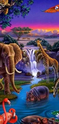 Add some charm and color to your phone's home screen with this vibrant live wallpaper! Depicting a stunning African landscape and decorated with fairy tale animals, this wallpaper captures the essence of peaceful and serene evenings