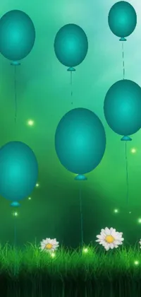 Decorate your phone screen with this stunning live wallpaper featuring blue balloons floating freely against a green backdrop
