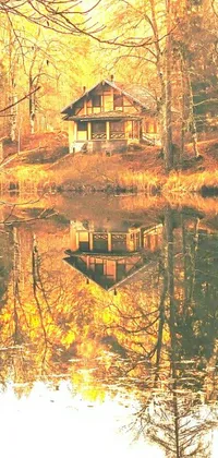 This live phone wallpaper depicts a picturesque lake with a cabin surrounded by trees during autumn