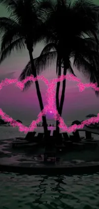 This phone live wallpaper features a digital rendering of two palm trees with pink heart-shaped lights against a Maldives background