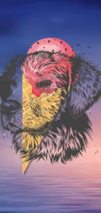 This phone live wallpaper features a colorful painting of a dog wearing a bandana against a background of dark gray clouds and a vibrant yellow and violet sunset reminiscent of the bifrost