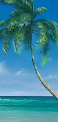 This phone live wallpaper features a stunning painting of a palm tree on a beach, providing a serene and tranquil atmosphere for your device