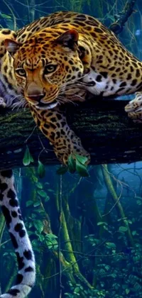 This live phone wallpaper showcases a regal leopard as it lounges atop a branch against the tranquil background of a rich forest