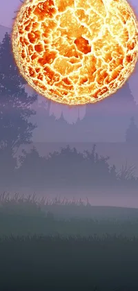 This live wallpaper features a striking scene with a man standing on a lush green field while a glowing magma sphere shines brightly, framed by a full moon in the pale sky