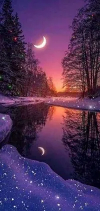 This phone live wallpaper features a serene wintry landscape complete with a flowing river, snowy ground and a stunning crescent moon in the night sky