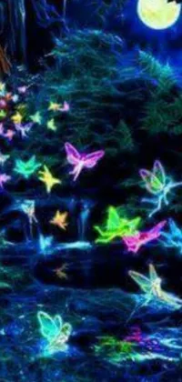 This phone live wallpaper showcases a mesmerizing group of butterflies flying over a serene body of water, highlighted with vivid neon colors that add a stylish touch to your phone's screen