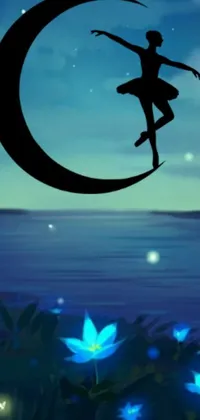 This phone live wallpaper features a stunning and magical concept art of a woman standing atop a serene moon amidst a tranquil water body