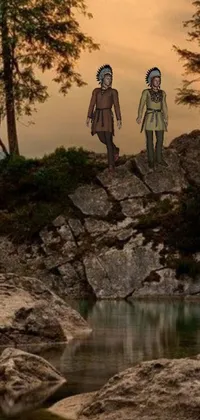 This phone live wallpaper features a digital rendering of a couple standing on a rock beside a shimmering body of water in the forest during the evening